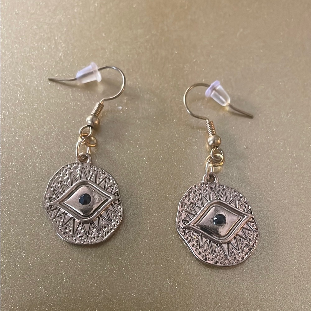 Gold Tone Dangle Earrings with Black Evil Eye Design, Pierced Hook Backing